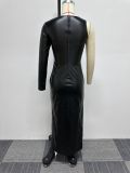 Sexy Black One Sleeve PU Leather Slit Long Dress