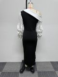 White Black Slash Shoulder Slit Balloon Sleeve Bodycon Dress