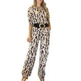 Fashion Print Turndown Collar Long Sleeve Shirt Straight Leg Pants