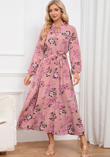 Floral Print Long Sleeve Ruffle Collar Maxi Dress