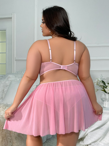 Plus Size Pink Lace Mesh Sexy See-Through Nightdress