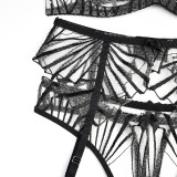 Embroidered Stripe See-Through Sexy Garter Lingerie Set