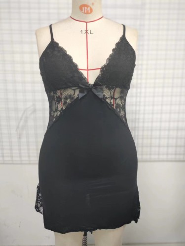 Black Lace Trim See-Through Night dress Sexy Plus Size Lingerie