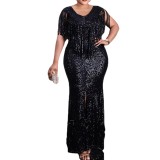 Black Sequin Tassel Maxi Evening Dress