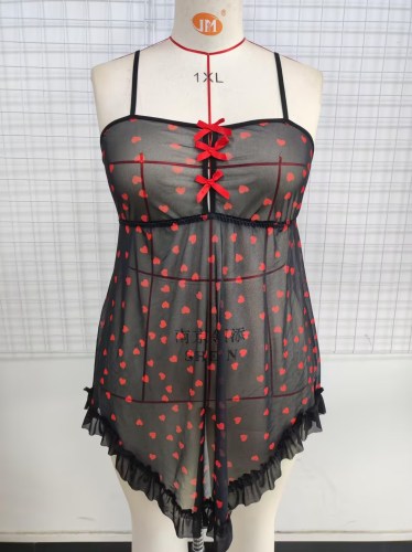 Sexy Lingerie Plus Size See Through Mesh Heart Print Cami Nightgown