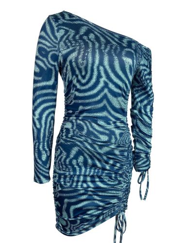 Trendy Plus Size Prind Slash Shoulder Long Sleeve Drawstring Ruched Dress