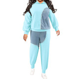 Plus Size Hoodie + Pants Washed Denim Patchwork Casual Tracksuit 2PCS Set