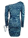 Trendy Plus Size Prind Slash Shoulder Long Sleeve Drawstring Ruched Dress