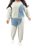 Plus Size Hoodie + Pants Washed Denim Patchwork Casual Tracksuit 2PCS Set