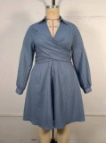 Blue Turndown Collar Lace-Up Long Sleeve Casual Dress