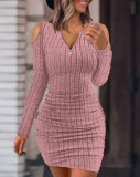 Solid Zip V-Neck Cold Shoulder Long Sleeve Bodycon Dress