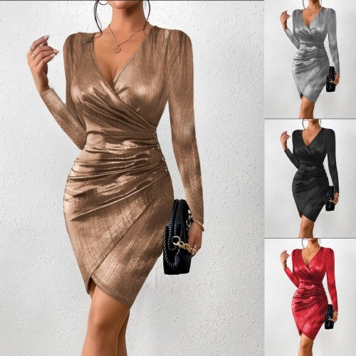 Sexy Fashion V-neck Solid Ruched Bodycon Dress