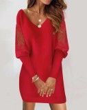 Casual V-neck Long Sleeve Lace Patchwork Dress