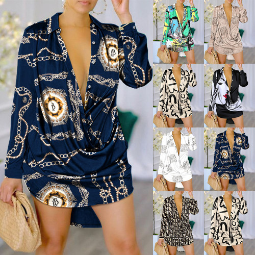 Women Fashion Print Long Sleeve Shirt Dress