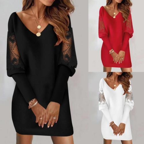 Casual V-neck Long Sleeve Lace Patchwork Dress