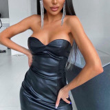Solid Sexy Strapless PU Leather Bodycon Dress