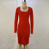 Square Neck Long Sleeve Solid Bodycon Dress