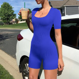 Solid Short Sleeve Square Neck Ribbed Sports Tight Rompers