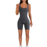 Solid Sleeveless Ribbed Square Neck Tight Rompers