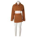 Sexy Fleece Turndown Collar Short Jacket Slit Two Piece Skirt Set