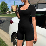 Solid Short Sleeve Square Neck Ribbed Sports Tight Rompers