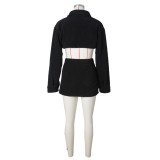 Sexy Fleece Turndown Collar Short Jacket Slit Two Piece Skirt Set