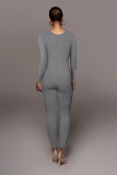 Solid U-Neck Work Out Ribbed Long Sleeve Tight Jumpsuit