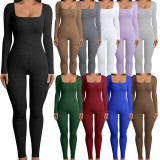 Solid Long Sleeve Ribbed Square Neck Low Back Work Out Jumpsuit