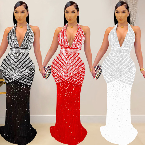 Solid Rhinestone Mesh Sleeveless Maxi Dress