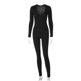 Solid V-Neck Sports Long Sleeve Tight Jumpsuit