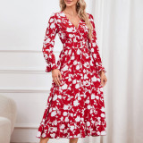 Retro Floral Print V-Neck Slim Waist Belted Long Dress
