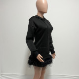 Solid Long Sleeve Hooded Feather Hem Casual Dress