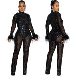 Sequin Mesh See Through Long Sleeve Bodycon Jumpsuit