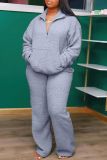 Casual Polar Fleece Pocket Zipper Long Sleeve Top and Pants 2PCS Set