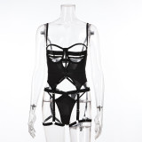 Black Lace-Up Patchwork Hollow Backless Sexy Lingerie Set