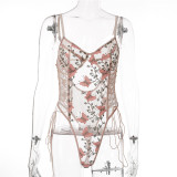 Sexy Lingerie Straps Embroidered Mesh See-Through Bodysuit