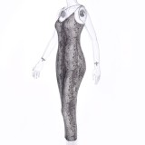Wide Print Elegant Strap Bodycon Midi Dress