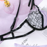 Embroidered Mesh Splicing Bow Trim Sexy See-Through 3PCS Garter Sexy Lingerie