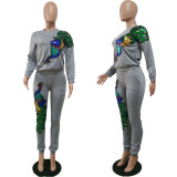 Trendy Peacock Sequin Applique Sweatsuit 2PCS Pants Set