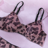 Sexy Leopard Print 4PCS Lingerie Set Mesh Bra Thong Garter Lingerie With Contrast Stockings