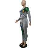 Trendy Peacock Sequin Applique Sweatsuit 2PCS Pants Set