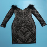 Beaded Feather Off Shoulder Bodycon Dress