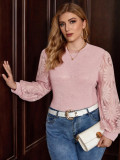 Plus Size Pink Puff Sleeve Patchwork Waffle Knitting Top