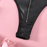 PU Leather Zipper Mesh Patchwork Backless Sexy Bodysuit with Gloves Sexy Lingerie