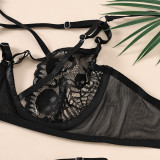 Black Lacemesh Embroidered Hollow Sexy Lingerie Set Womens Underwear