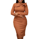 Solid Long Sleeve Ruched Midi Dress