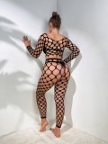 Solid Long-sleeved Fishnet Sexy Lingerie 2PCS Set
