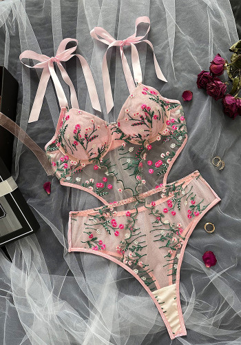 Pink Floral Embroidered See-Through Mesh One-piece Sexy Lingerie