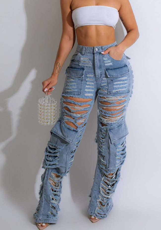 Trendy Sexy Ripped Holes Washed Pocket Jeans Cargo Denim Pants