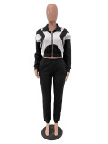 Fashion Casual Contrast Color Cropped Jacket Pants Two-Piece Set